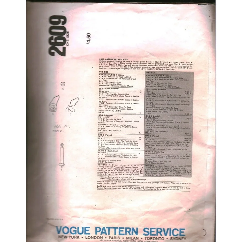 Vintage Vogue 2609 Animal Accessories Pattern Kitten Poodle Panda Koala Muff Hat